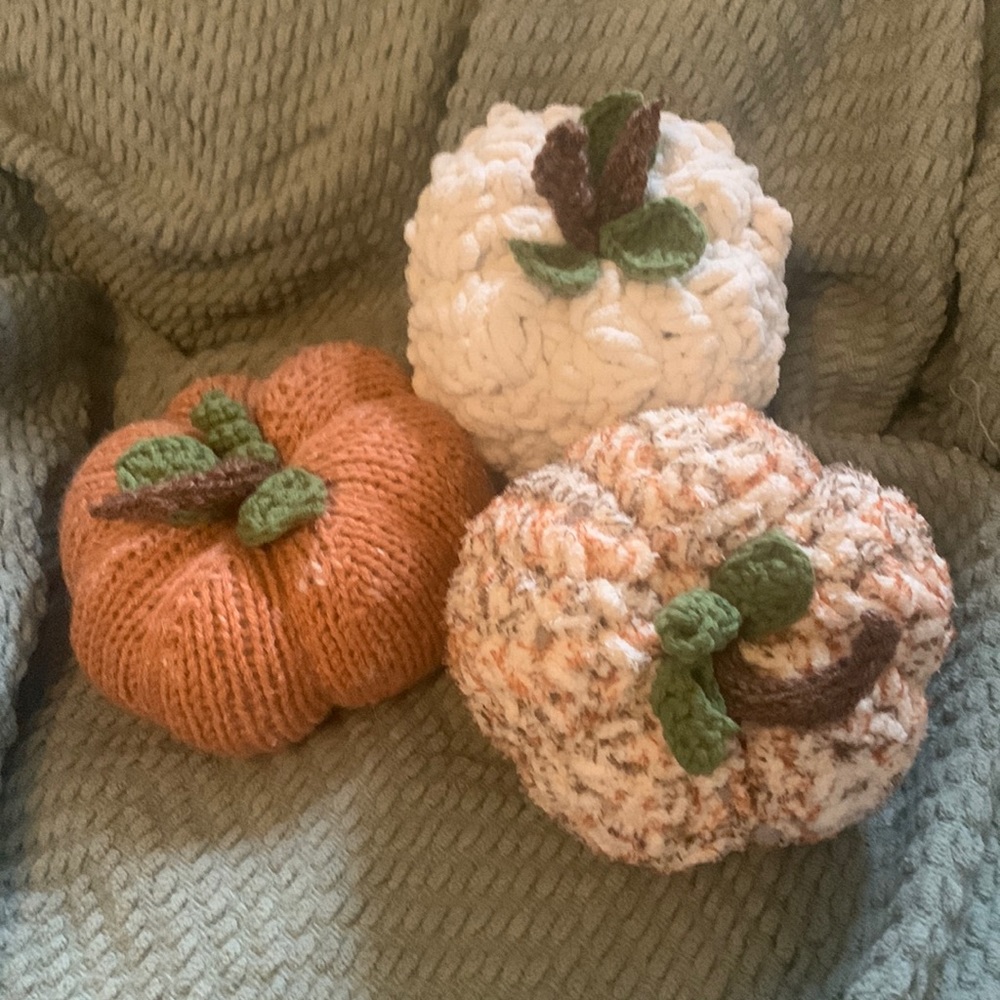 3 various pumpkins, crocheted and knitted. Great for the holidays.